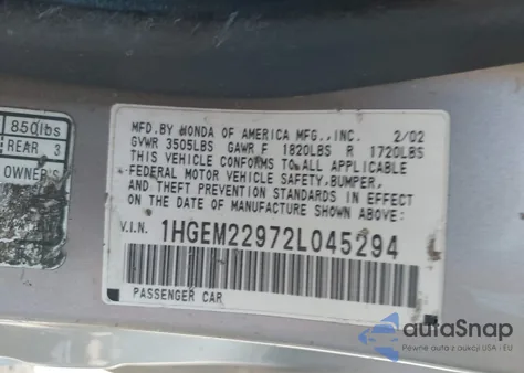 2002 Honda Civic Ex from USA, damaged, VIN 1HGEM22972L045294